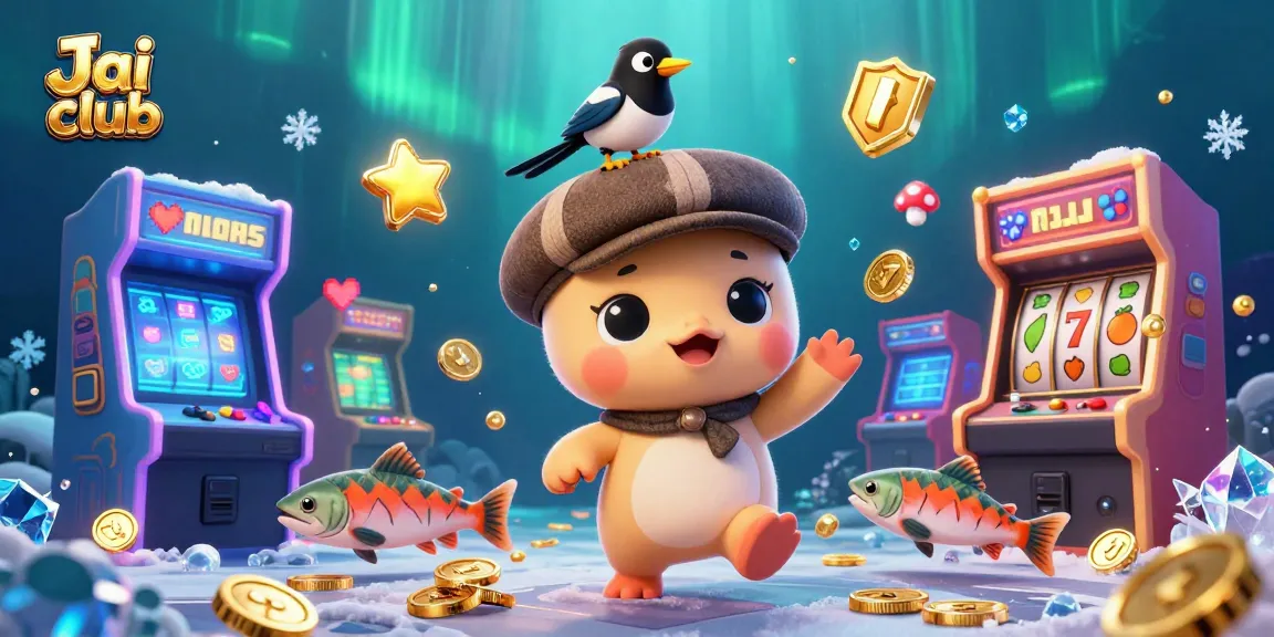 Spin the reels at Jai club with playful characters in a vibrant casino scene filled with games.