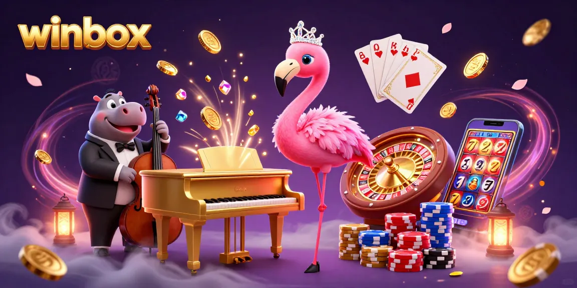 Experience excitement with winbox as a flamingo singer and hippo bassist perform amidst dynamic casino elements.