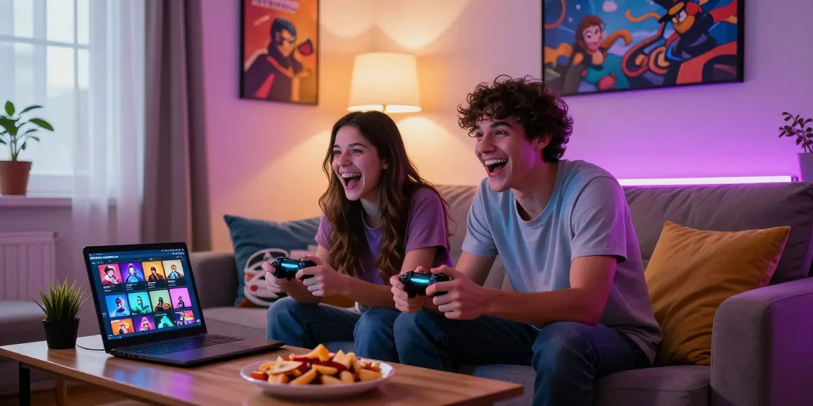 Couple enjoying porngames on gaming console in a cozy living room.