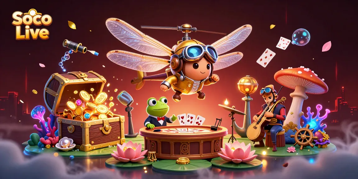 Soco Live showcases thrilling card dealing action in a vibrant lily pad casino scene with a dynamic setup.