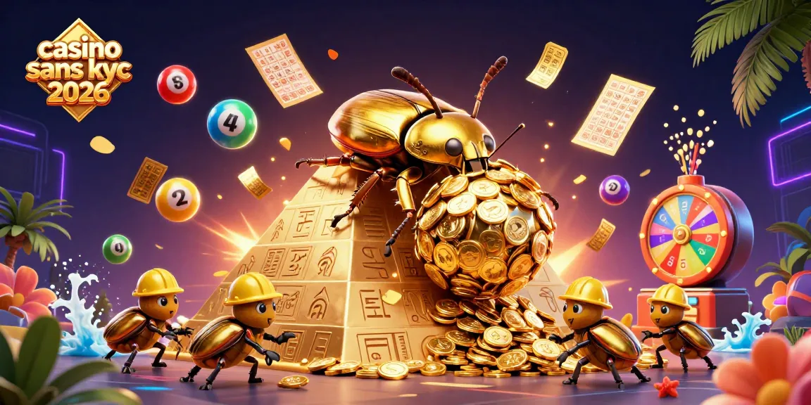 Jouer dans un casino sans KYC 2026: insectes dorés et éléments de loterie s'animent.