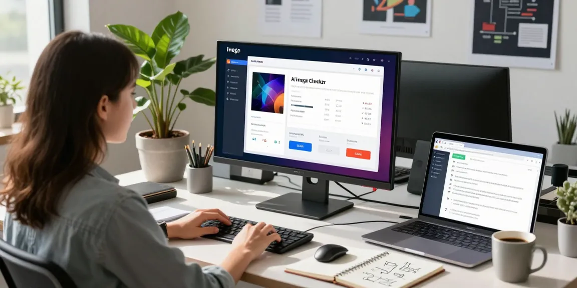 AI image checker interface in a modern workspace showing analysis results.