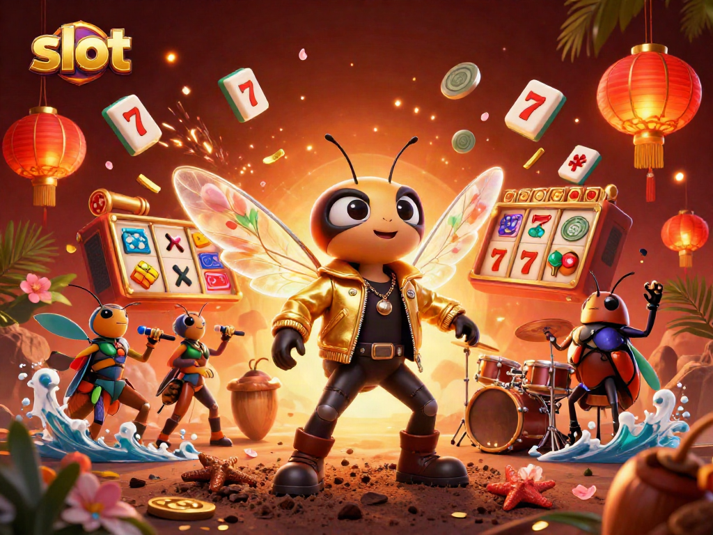 Engaging slot scene with colorful symbols and a cicada rock star surrounded by festive elements.