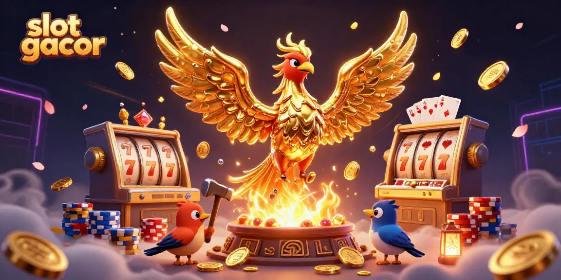 Experience the thrill of slot gacor with a golden phoenix and exciting casino elements in this vibrant illustration.