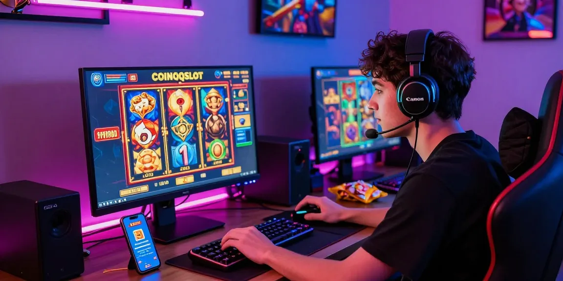 Excited gaming player exploring info slot bonuses at COINQQSLOT in a vibrant home setup