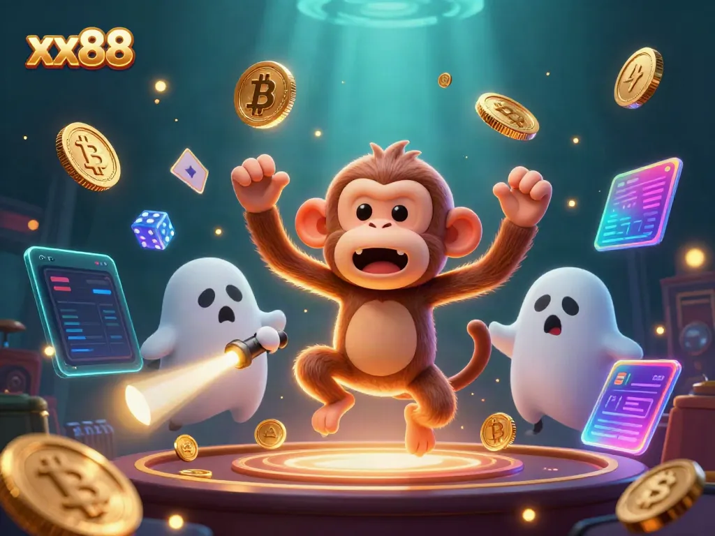Engage with gambling fun at xx88 with a mischievous monkey juggling golden coins in a haunted casino.