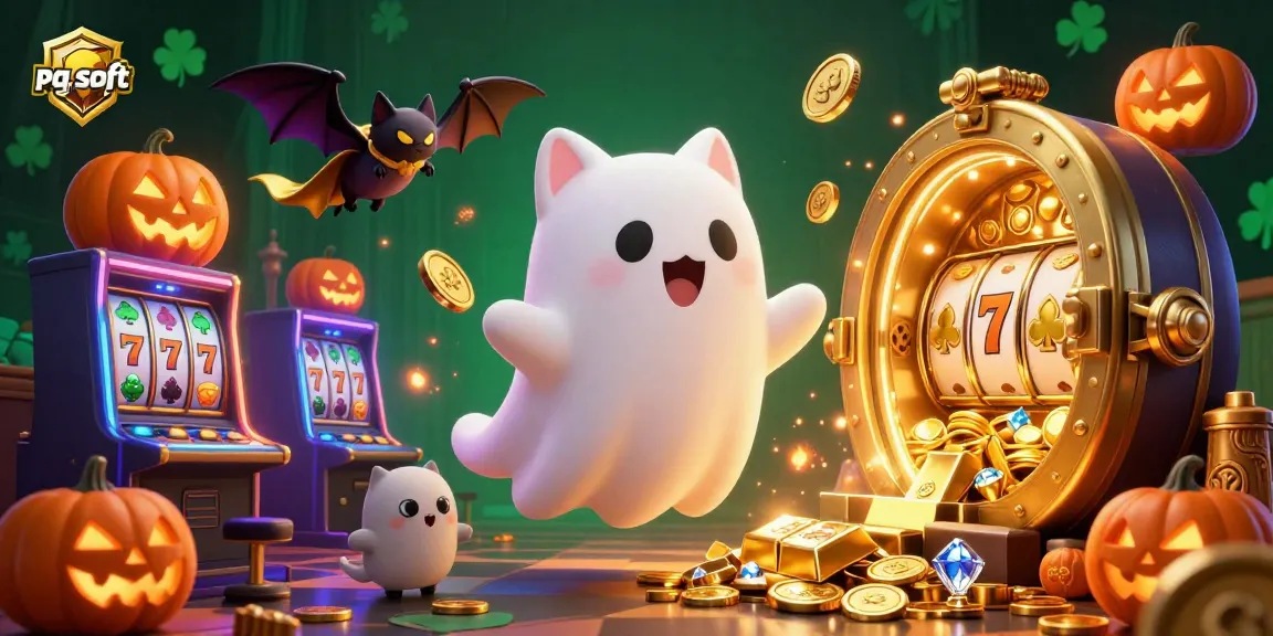 Experience the enchanting world of pg soft with a ghost cat and bat in a lively casino scene.