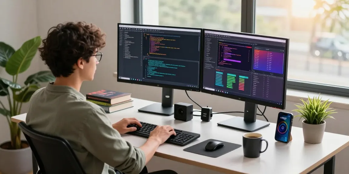 快连 developer in a modern workspace coding on dual monitors with coffee and tech gadgets