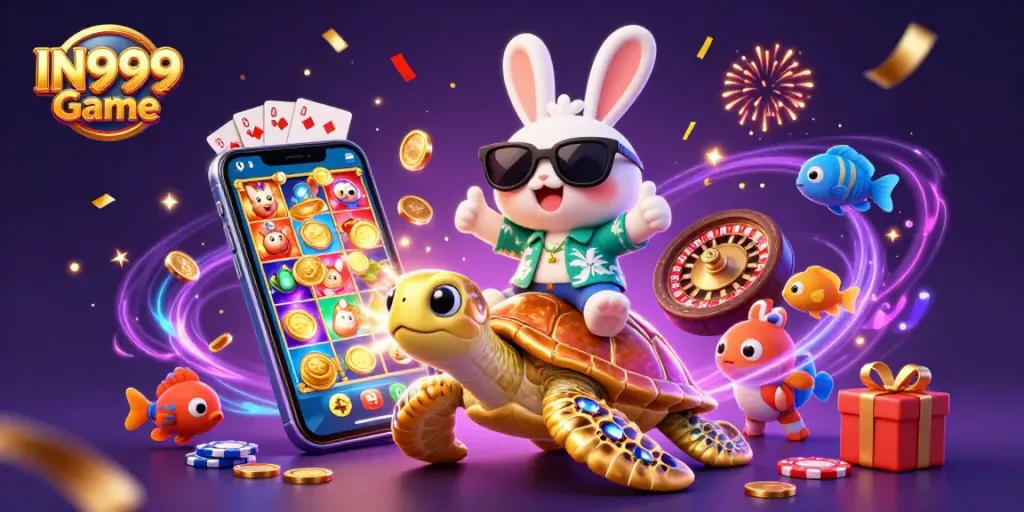 Engage with the IN999 Game thrilling experience featuring playful characters amidst casino elements.