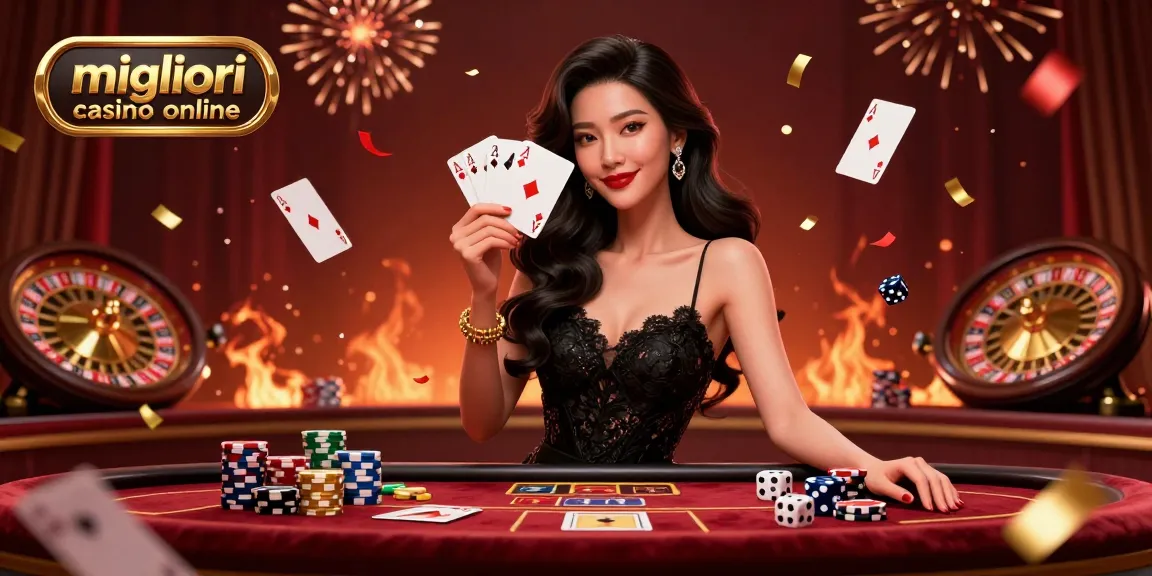Vivi l'emozione nei migliori casino online con una elegante donna asiatica che mostra carte da gioco assi in un casinò lussuoso.