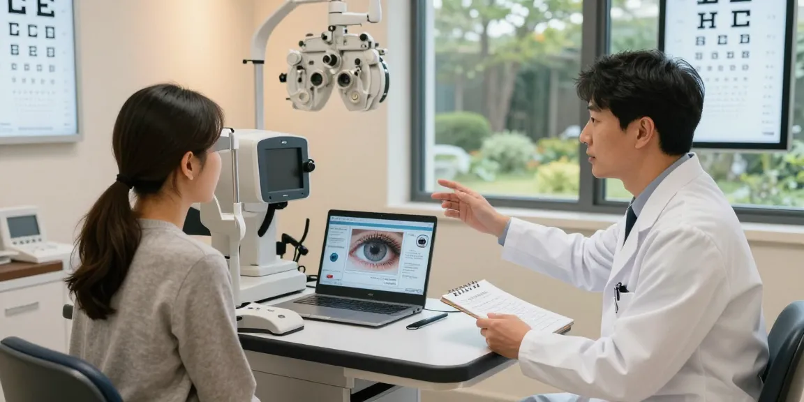 Patient consultation on 라섹 종류 in a modern South Korean eye clinic, with advanced diagnostic equipment and a supportive atmosphere.