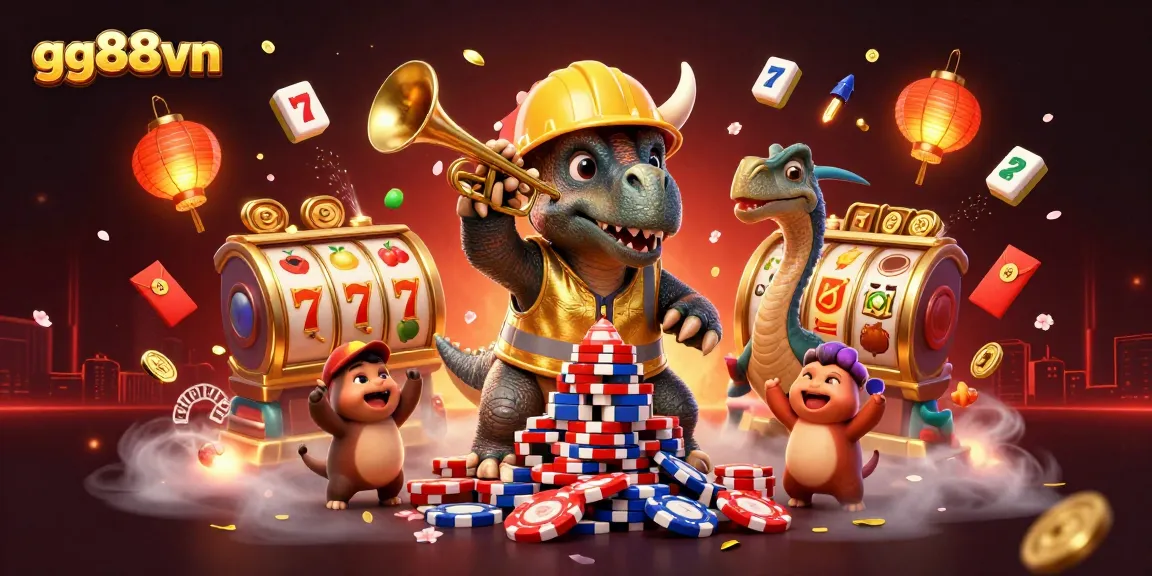 Celebrate winning strategies at gg88vn with vibrant 3D characters building a poker chip pyramid.