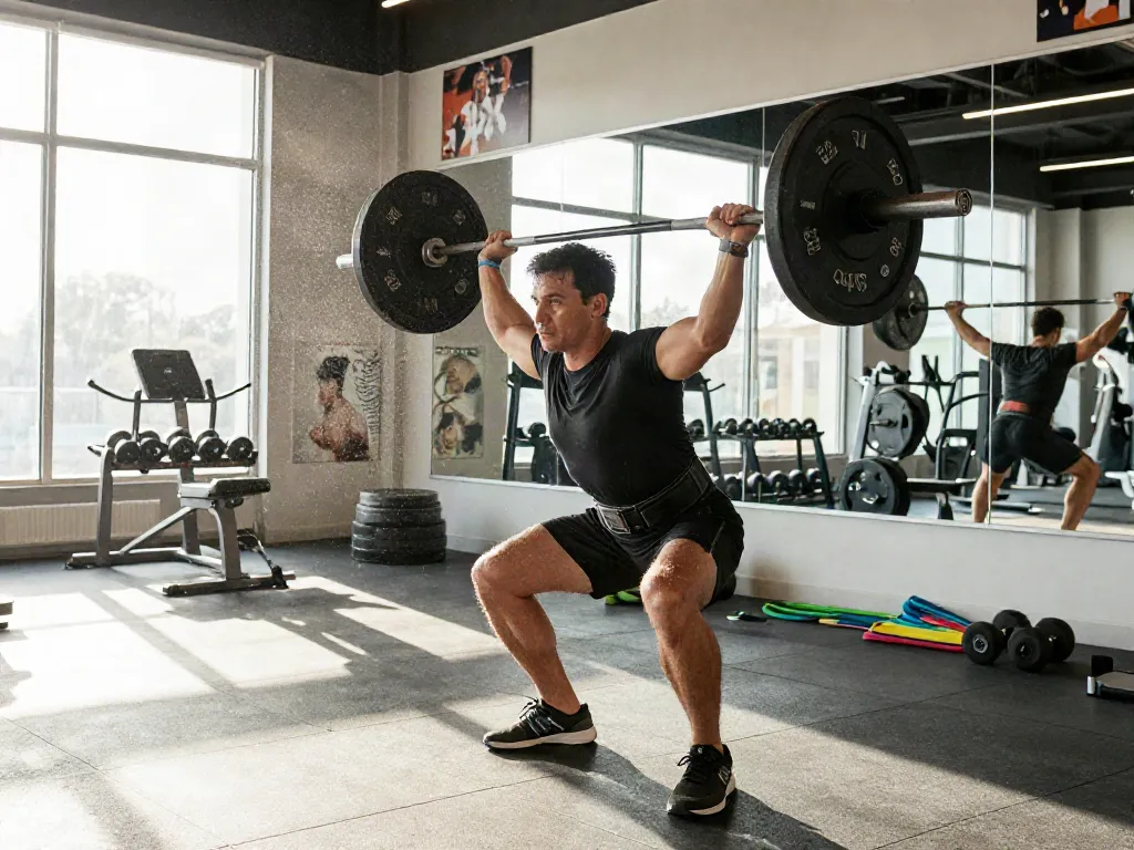 Athletic individual in a gym performing weightlifting, emphasizing steroidi anabolizzanti legali italia focus on fitness and muscle strength.