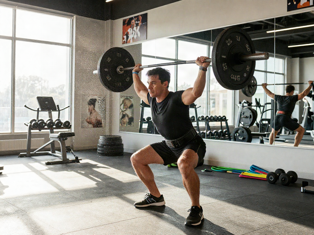 Athletic individual in a gym performing weightlifting, emphasizing steroidi anabolizzanti legali italia focus on fitness and muscle strength.