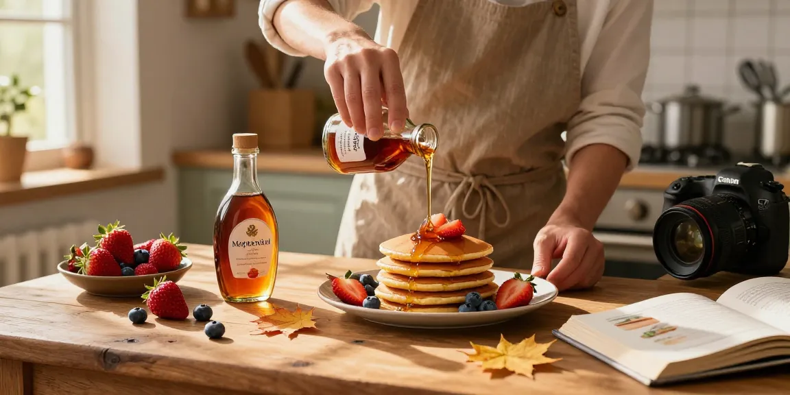 Enjoying Maplelixir drizzled over pancakes in a sunny kitchen.