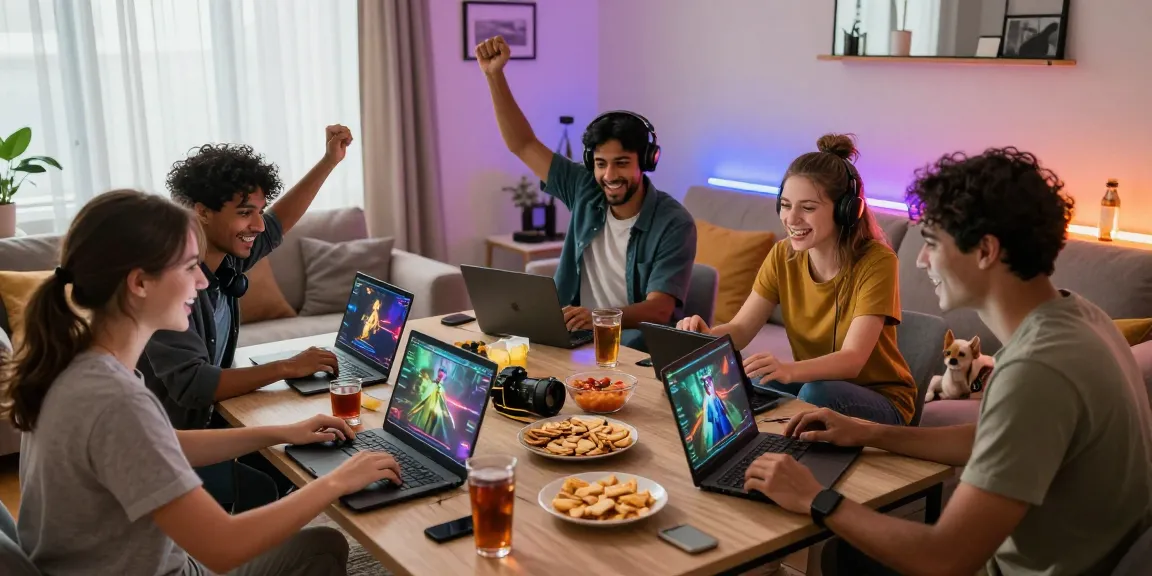 Group enjoying online games on https://rokok88.us with snacks in a cozy setting.