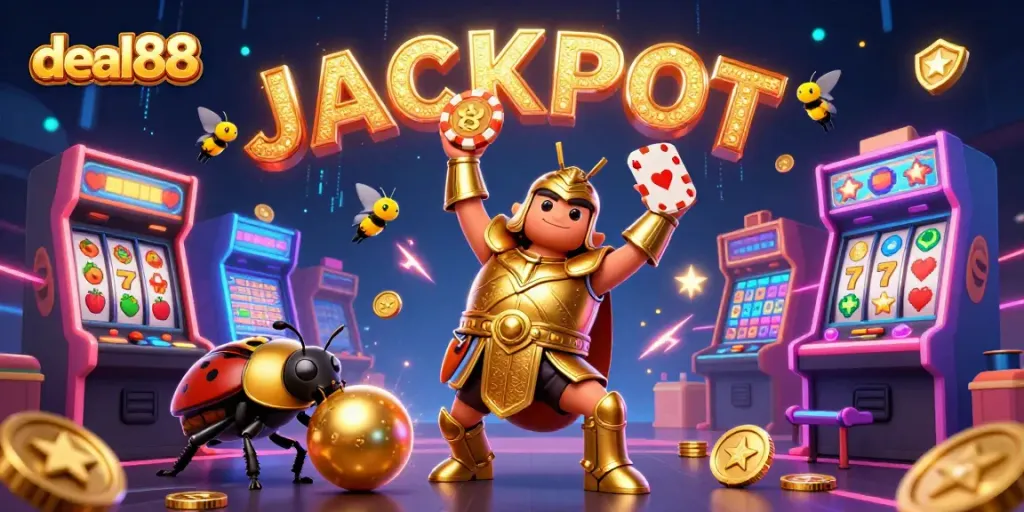 Spin the reels with deal88 as beetle heroes celebrate a casino jackpot amidst vibrant gaming chaos.