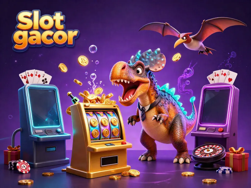 Experience Slot gacor excitement with a pachycephalosaurus hitting a golden slot machine, surrounded by dazzling casino elements.