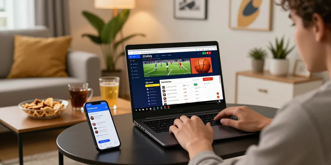 Engaging with a secure 토토사이트 in a cozy home setting, showcasing a laptop and smartphone with betting options.