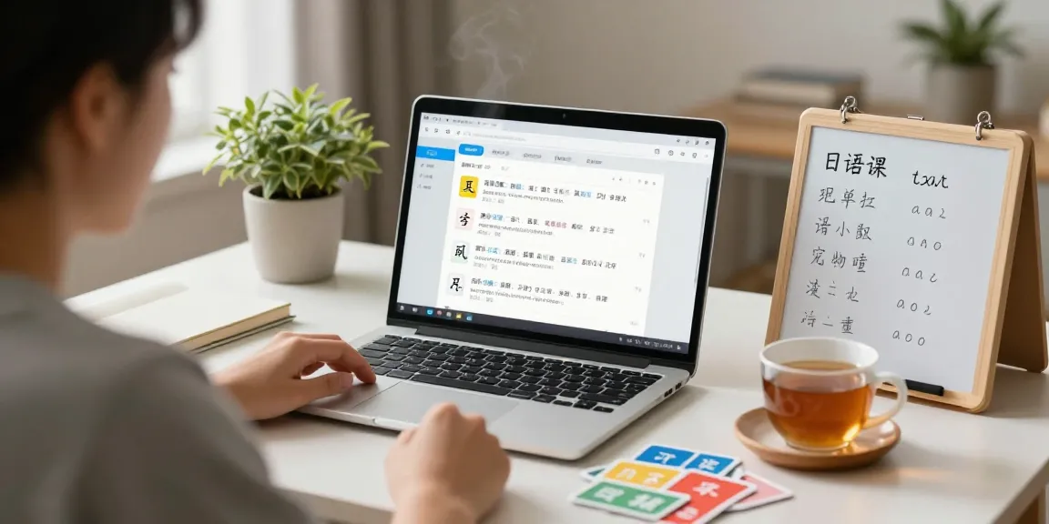 Engaged telegram chinese beginner studying Mandarin in a cozy home study.