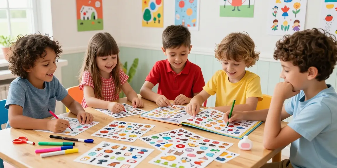 Engaging children enjoying a reusable sticker book experience with vibrant stickers and craft supplies.