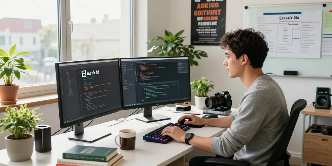 Software developer coding with kecak4d in a modern office, showcasing productivity and innovation.
