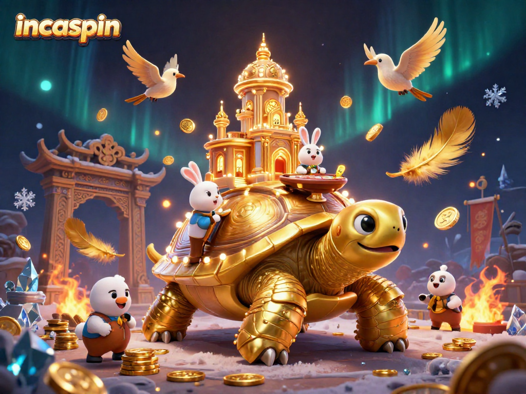 Spin to win at IncaSpin Casino with a golden tortoise and rabbit dealer amidst flying coins.