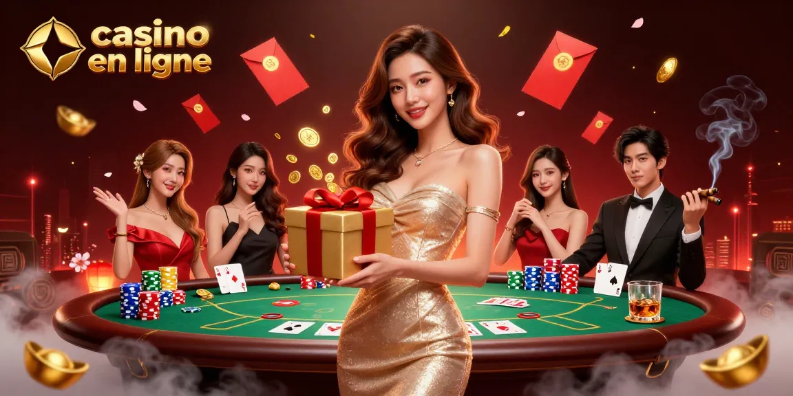 Experience casino en ligne excitement with captivating visuals of an Asian woman in gold dress surrounded by poker elements.