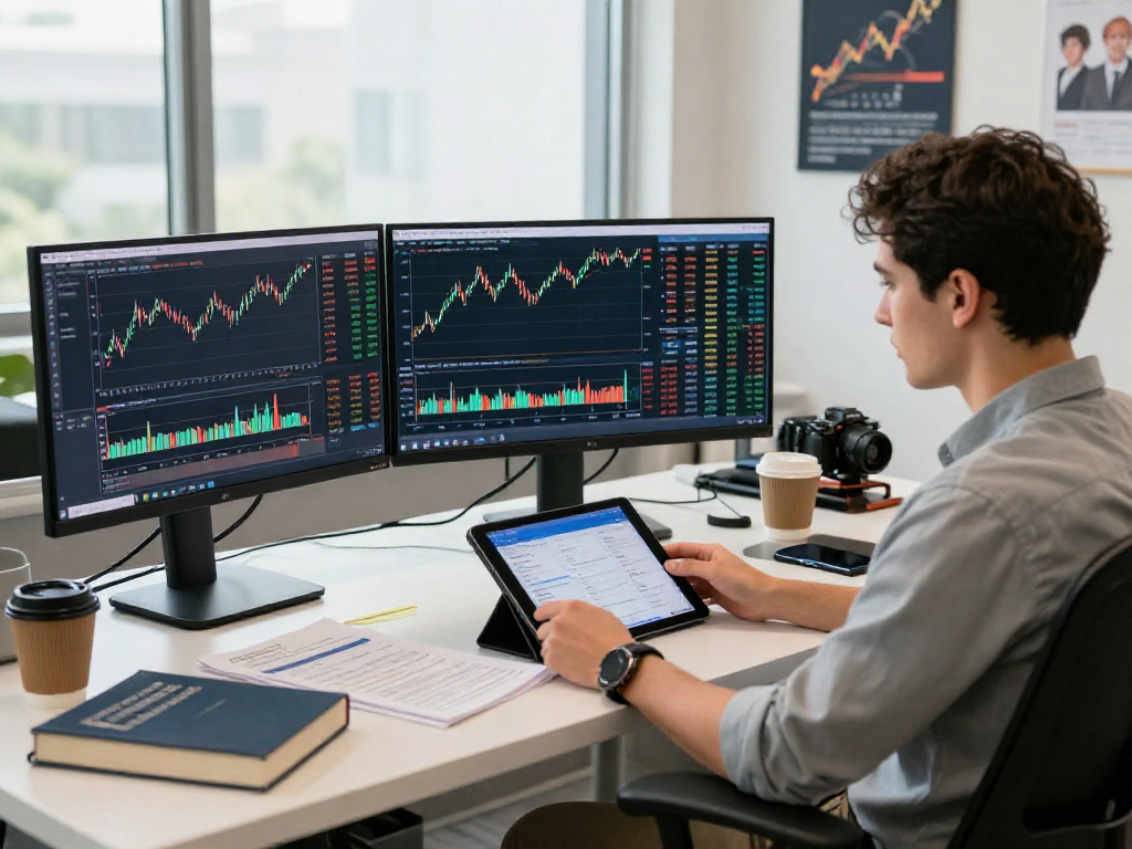 TradingView user analyzing financial data on multiple screens in a modern trading office.