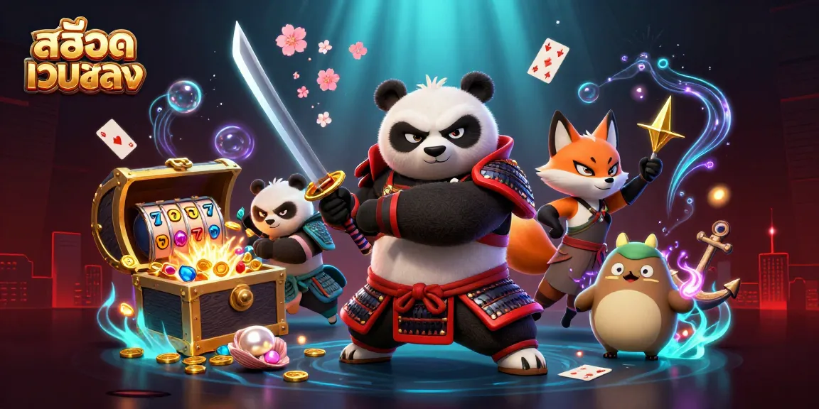 Spin the reels with สล็อตเว็บตรง in a dazzling 3D illustration featuring a samurai panda and vibrant game elements.