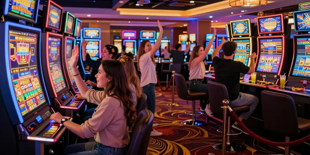 Engaging scene of players celebrating victories at a slot machine, highlighting slot gacor hari ini excitement.