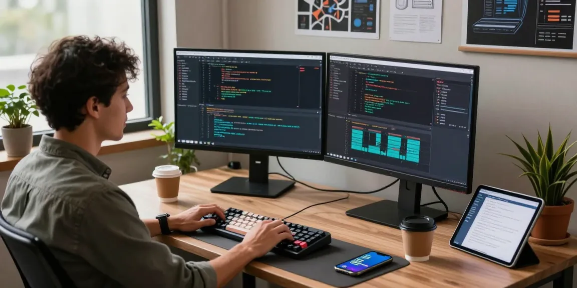 快连 developer in a modern workspace coding with dual monitors, showcasing a productive environment.