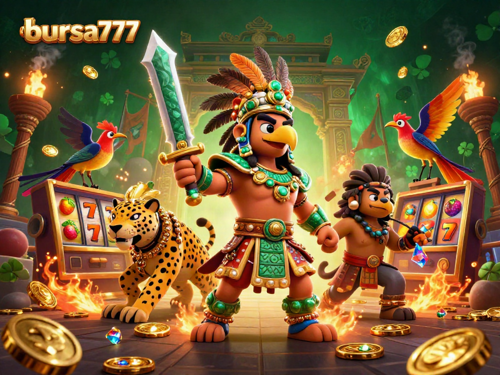 Mengalami sensasi permainan di bursa777 dengan tempur Aztec dan slot yang menggoda, semua dalam ilustrasi kasino digital yang menarik.