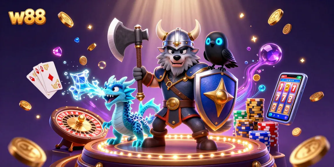 Tham gia cá cược tại w88 với biểu tượng Viking và rồng trong bối cảnh game casino hấp dẫn.