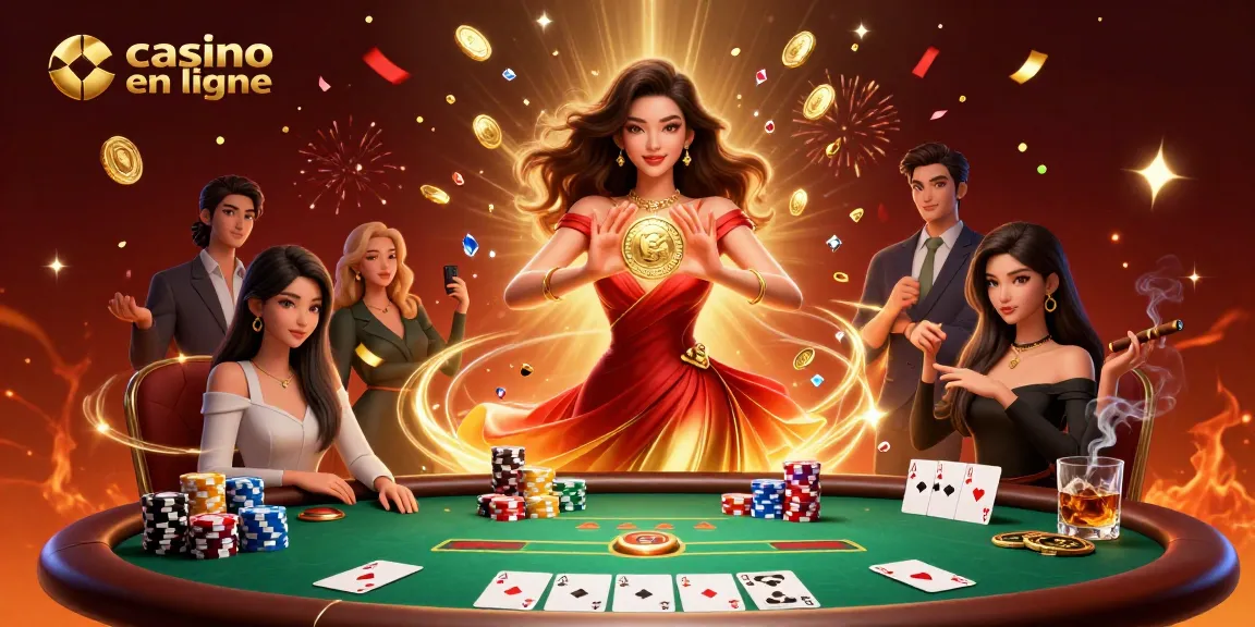 Vivez l'excitation du casino en ligne avec une femme éblouissante tenant une pièce d'or au milieu d'une pluie de pièces et d'éléments de poker.