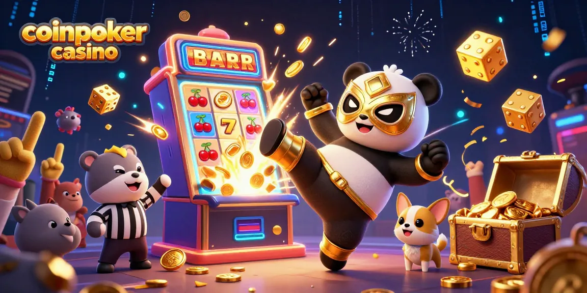 Plongée dans l'univers du coinpoker casino avec des personnages 3D animés et une machine à sous explosant de pièces d'or.
