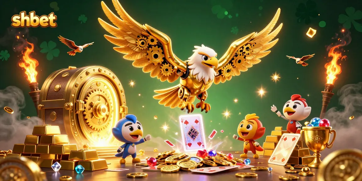 Experience thrilling wins at shbet with a golden eagle navigating a cascade of playing cards amidst a treasure-filled scene.