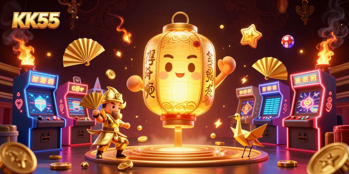 Experience KK55 magic with a golden lantern in a dynamic, vibrant night market casino scene.
