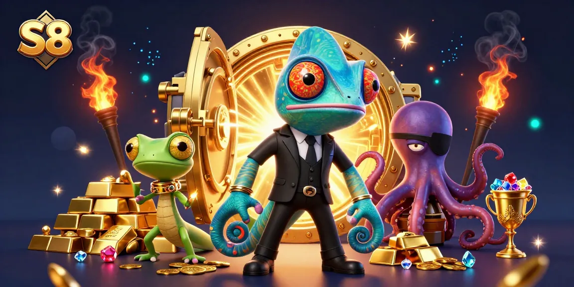 S8 Casino showcases vibrant gold treasures with characters in an exciting gambling adventure.