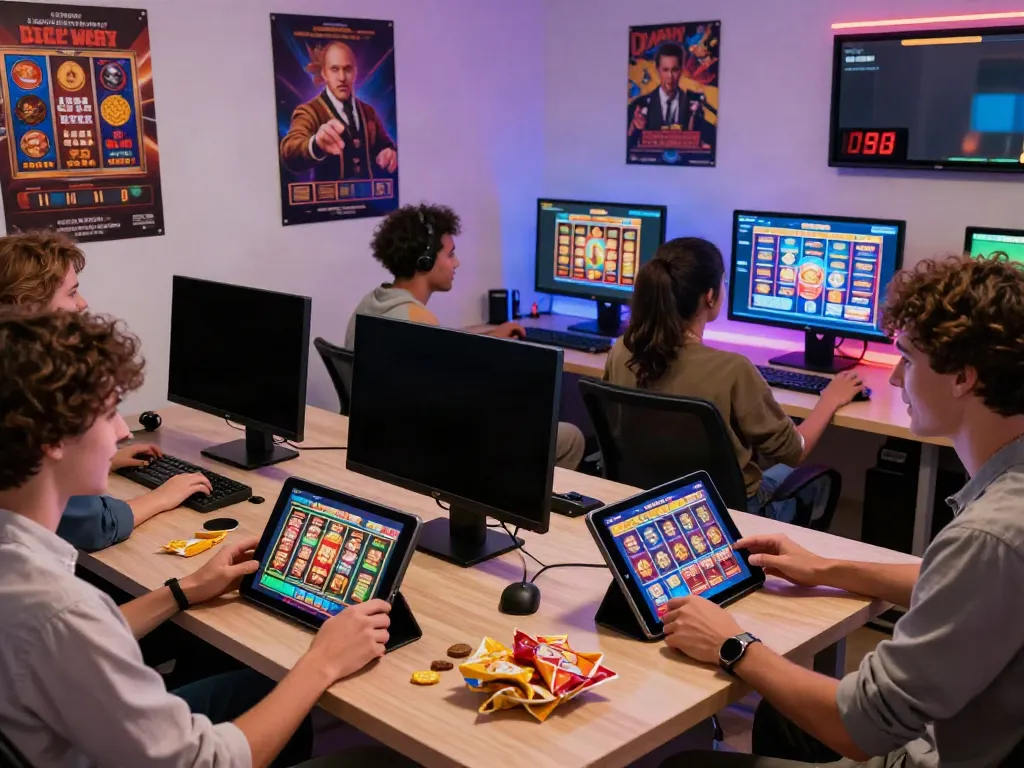 Friends enjoying a vibrant online slot gaming experience with multiple devices and colorful graphics.