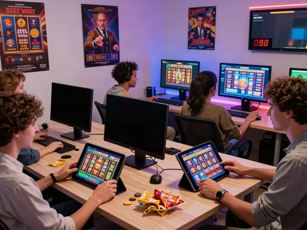 Friends enjoying a vibrant online slot gaming experience with multiple devices and colorful graphics.