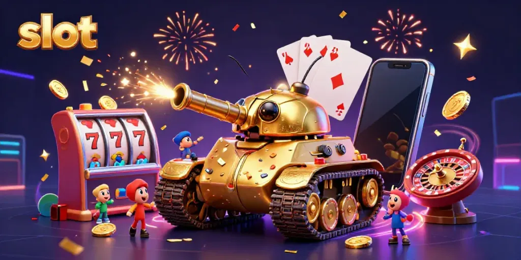 Engaging scene of a 3D slot-themed casino with a golden beetle tank and rich gaming elements.