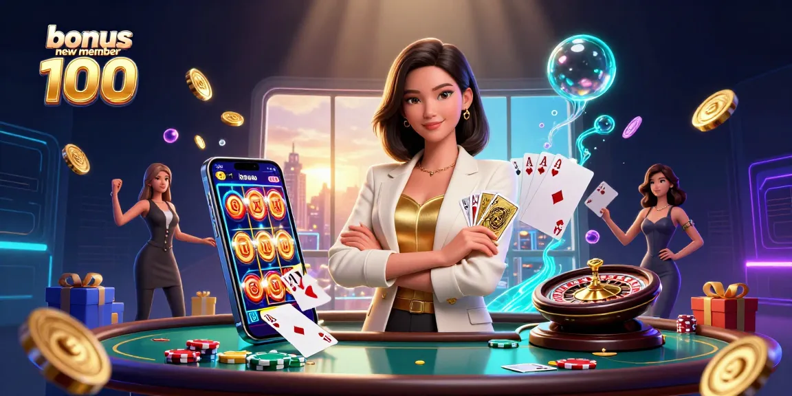 Experience the excitement of bonus new member 100 with vibrant 3D casino elements and a glamorous professional.