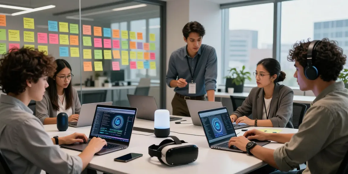 Team discussing AI agents in a bright tech office with laptops and smart devices.
