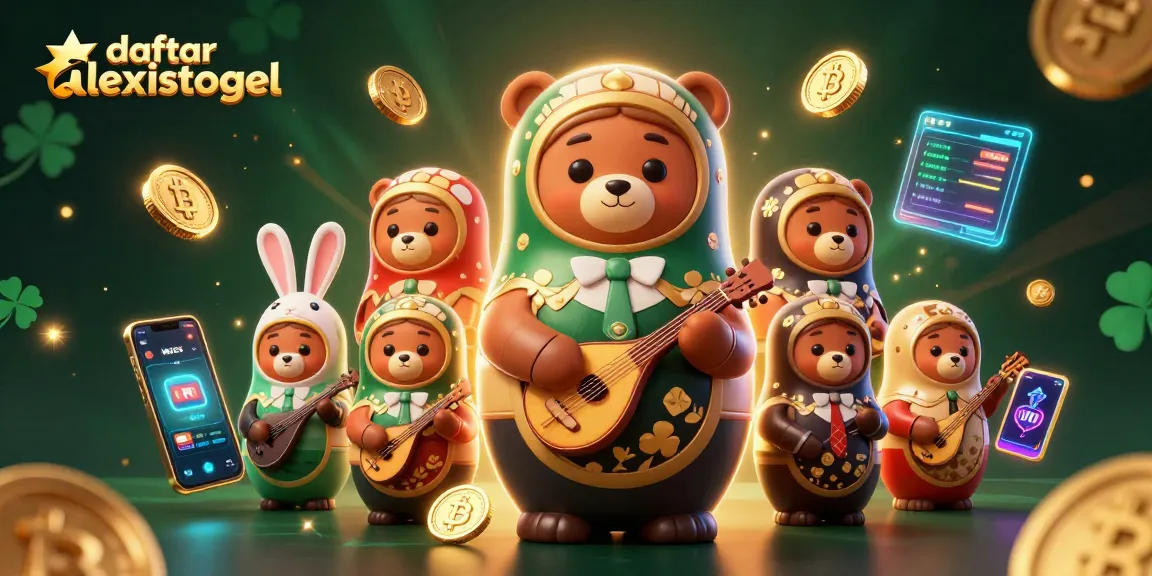 Engage with daftar alexistogel while enjoying a vibrant 3D illustration of casino-themed Russian Matryoshka characters
