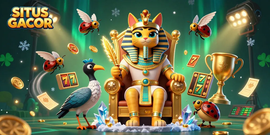 SITUS GACOR showcases a vibrant 3D illustration featuring a pharaoh cat with jackpot elements, enhancing the casino experience.