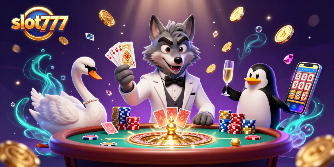 Spin the slot777 reels with a debonair wolf and elegant swan in a vibrant casino scene.