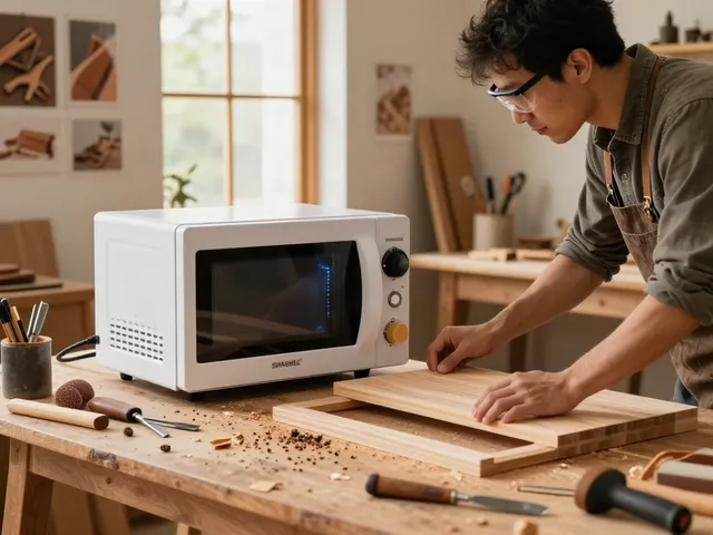 SHASHEL® microwave device in use by a woodworker eliminating wood-boring insects from handcrafted furniture in a cozy workshop.