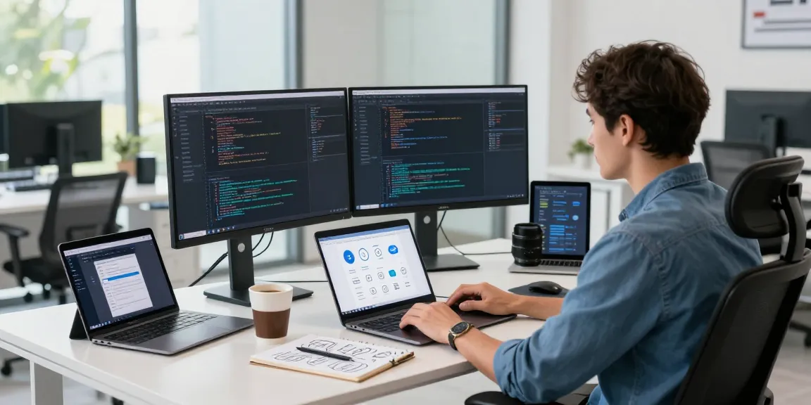 Developer coding an age verification system in a modern office environment, showcasing innovative tech workspace.