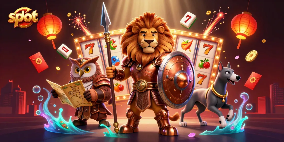 Putaran slot yang menarik dengan simbol beruntung dikelilingi karakter heroik dalam pandangan berwarna cerah.